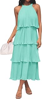 Women's 2025 Summer Sleeveless Halter Neck Ruffle Tiered Layed Chiffon Flowy Swing Long Midi Dress - Buy now
