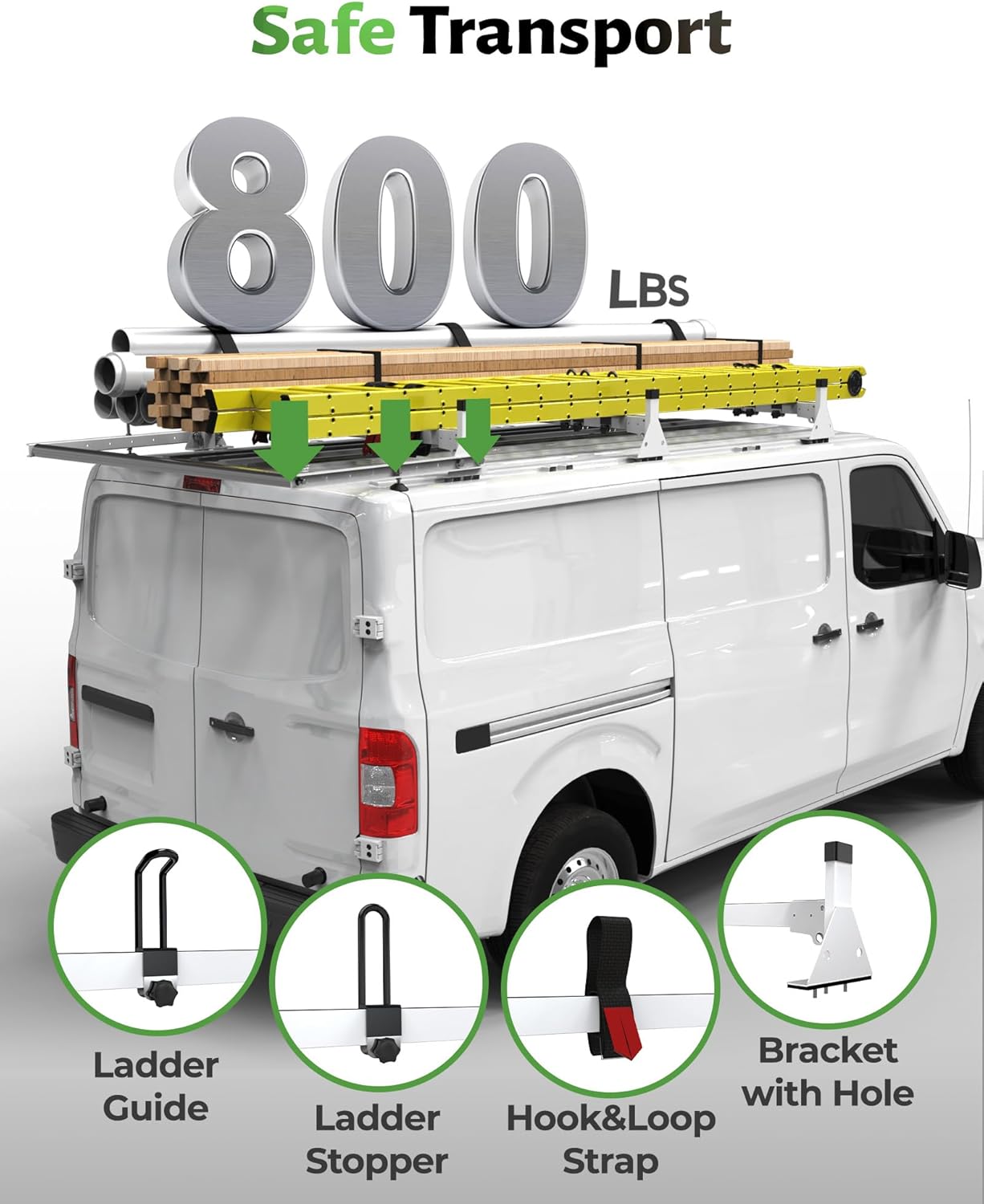 StarONE Heavy Duty Steel Van Ladder Rack with Rear Cargo Roller, 3 Bars Roof Rack Fit for 2011-2025 Nissan NV1500/2500/3500, 800LBS Capacity, No-Drill Installation for Ladders and Pipes
