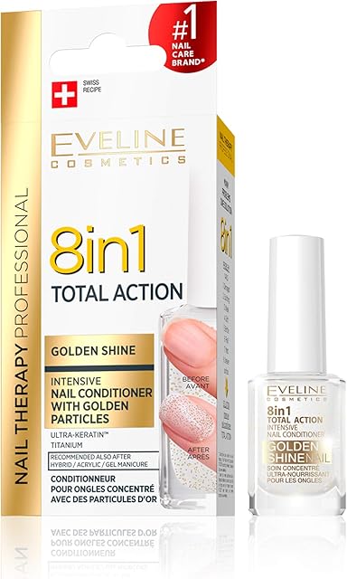 Eveline Cosmetics 8in1 Total Action Concentrated Nail Serum Conditioner + Strengthener + Hardener with Golden Particles | 12 ml | Repair Treatment | Easy Application | Shimmery Effect