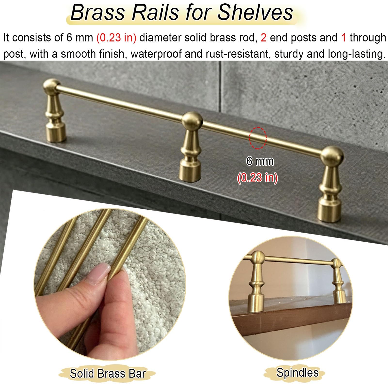 Massives Messinggeländer für schwebende Regale, 13 Stück, verstellbar, 2,235,2 cm, Anti-Stange, Schrank, Galeriestütze, Hängeregal, Zaun-Set (1 Stück, 102 cm/40)