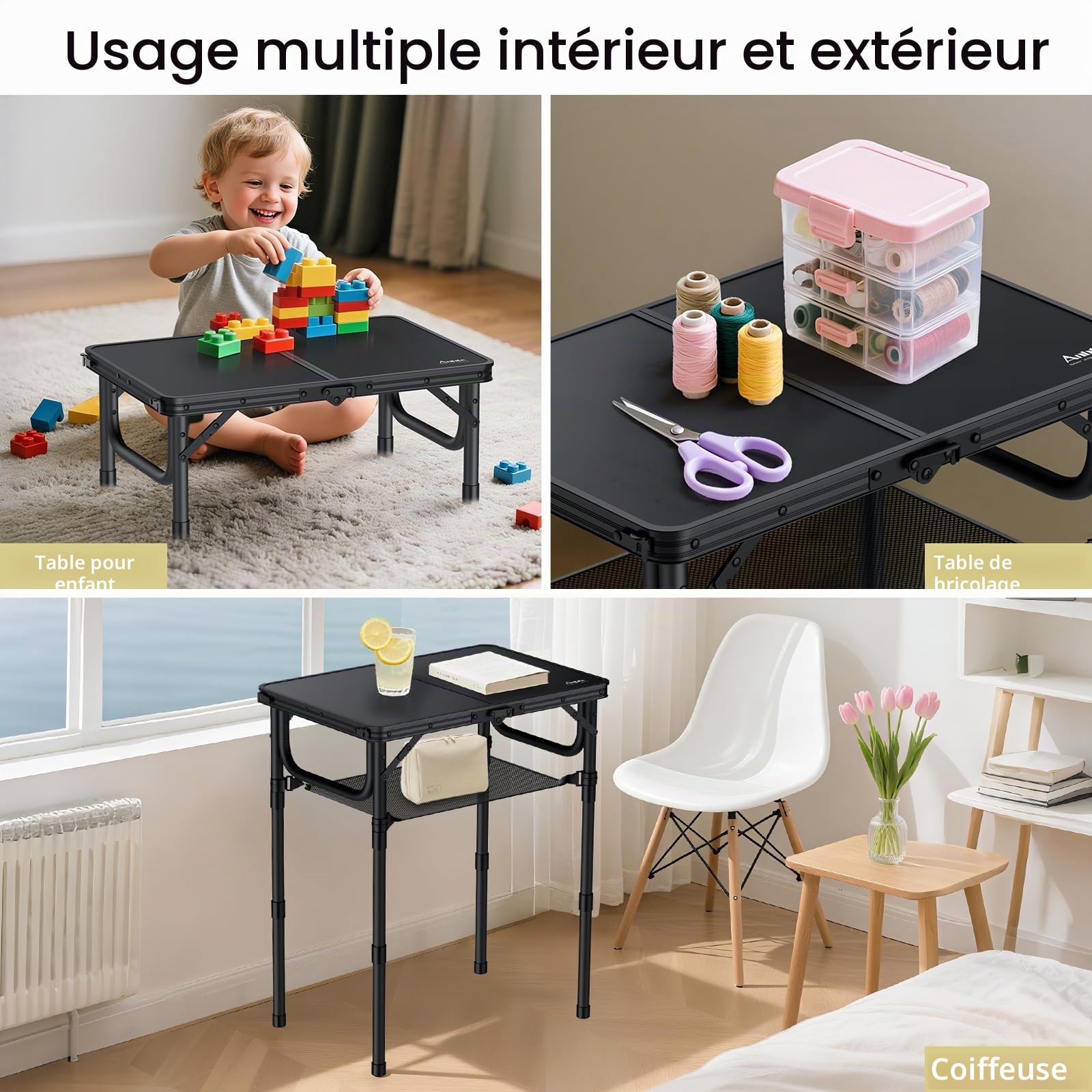 Anbte Table de Camping Pliante avec Filet de Rangement, Table de Pique-Nique Portable en Alliage d'Aluminium Réglable en Hauteur, Petite Table Légère (3 hauteurs) pour Intérieur/Extérieur, Cuisine