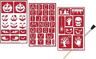 Armour Etch Over N Over Reusable Glass Etching Stencils | Etch Stencil Set with Halloween, Pumpkin, Scary Face, Bat, Grave Yard, Skull, Bones Alphabet Theme | Includes Brush, Total 4 Items