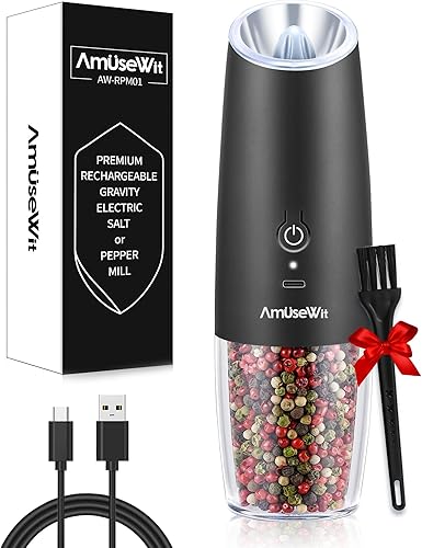 AmuseWit Molinillo de pimienta eléctrico por gravedad o molinillo de sal [luz blanca] Molinillo de pimienta automático recargable por USB, rugosidad