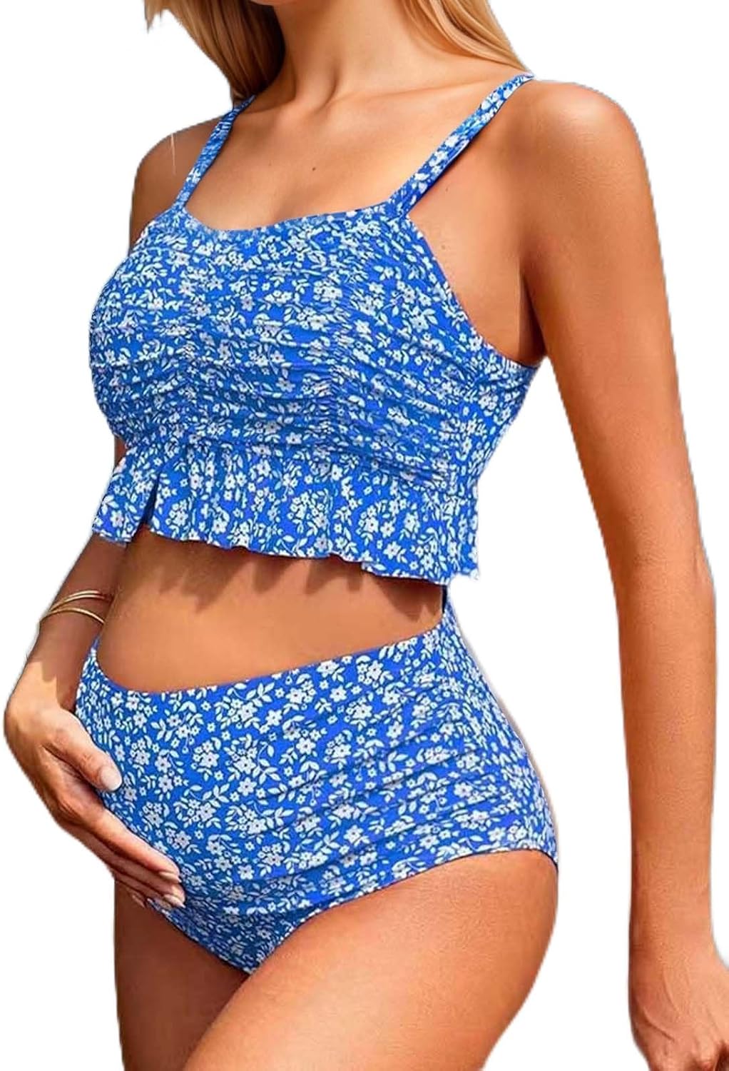 Maternity High Waist Bikini Swimsuit Two Piece Ruffled Hem Cute Bathing Suit Floral Pregnancy Swimwear