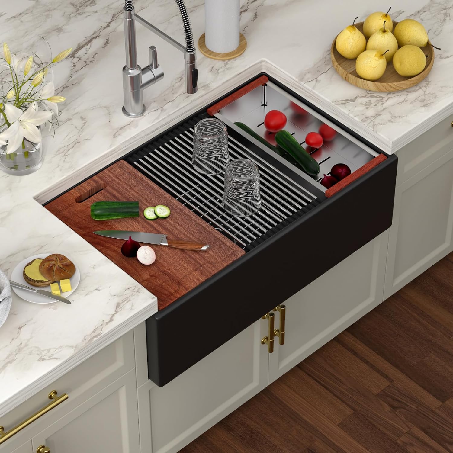 Black Farmhouse Sink Workstation 33 Inch Matte Black Apron Front Fireclay Farm Sink Reversible Apron Ceramic Single Bowl Sink Large Deep Farm Kitchen Sinks with Luxury Accessories