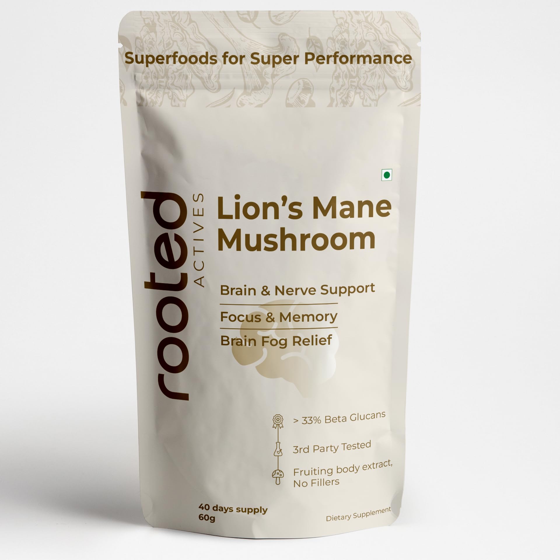 Rooted Actives Lion’s Mane Mushroom 60g | 33%+ Beta Glucans | 100% Fruiting Body Extract | Cognitive Support for Focus & Memory | Third Party Tested