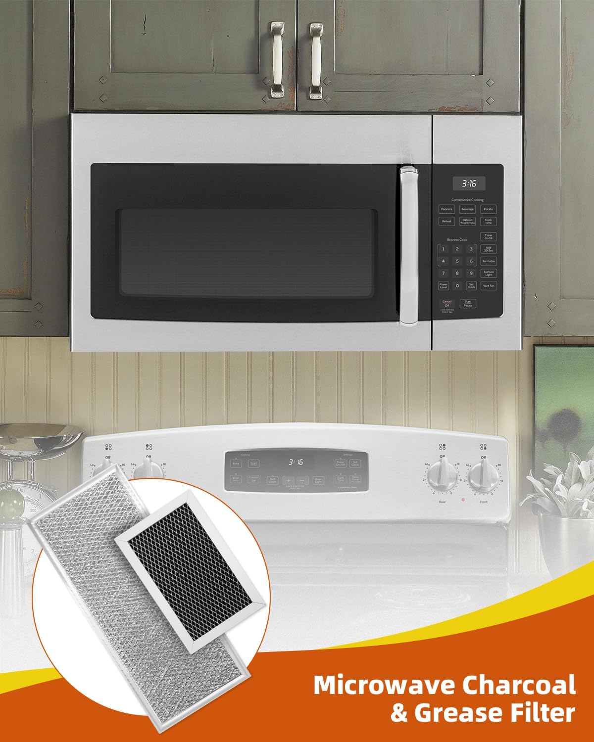 Microwave Grease & Charcoal Filter Set Fit for GE JVM6175SF1SS, JVM6175SK1SS, JVM6175SK2SS, JVM6175SK3SS
