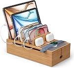 Pezin & Hulin Station de recharge de bambou pour appareils multiples, support de chargeur pour téléphone cellulaire et tablette, organisateur de dispositifs électroniques, 6 USB Câbles (Natural+White (sans chargeur)
