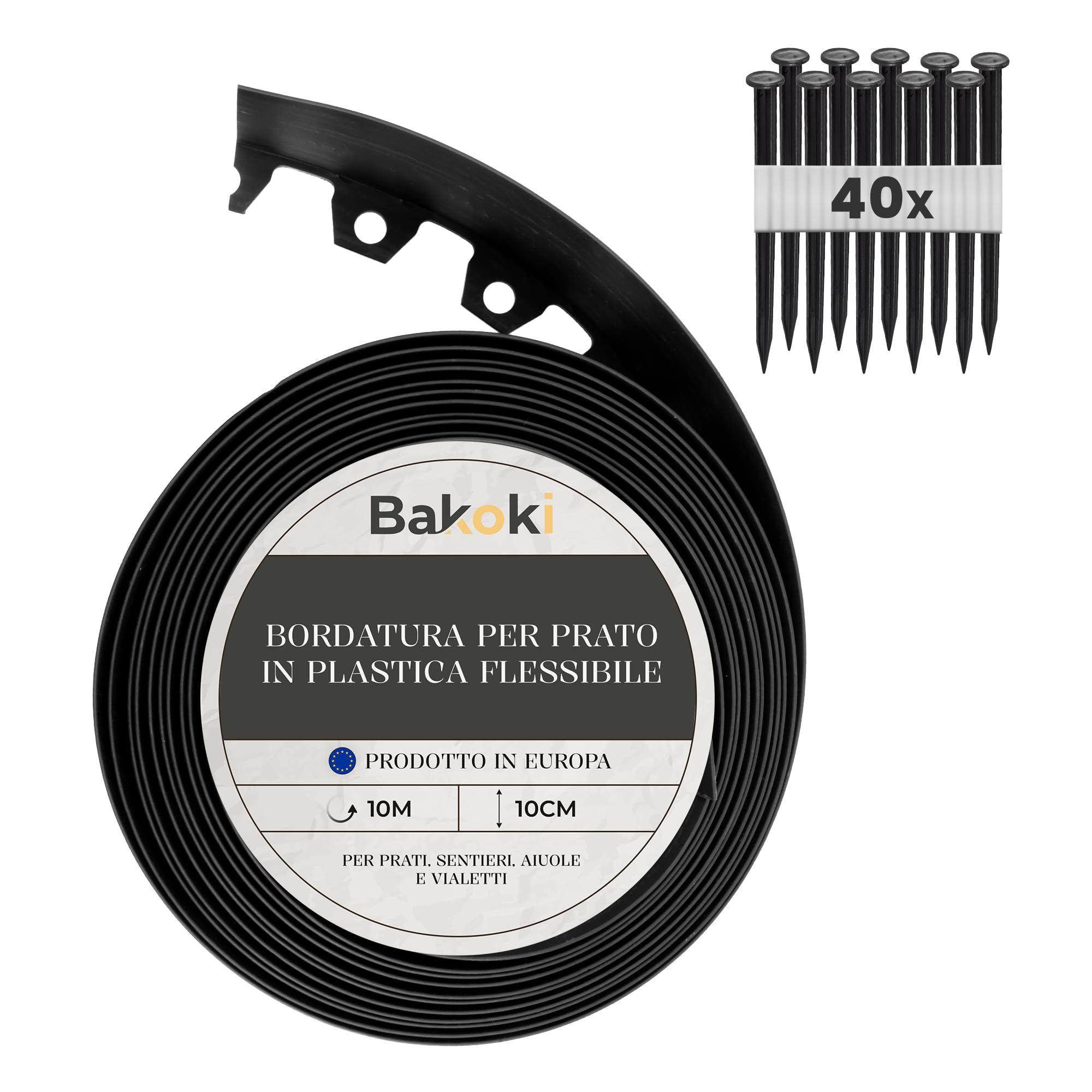 Bordo flessibile per prato (10 m, 40 ancore, altezza 10 cm, colore nero, in plastica, resistente alle intemperie, per aiuole, rotondo, bordo per aiuole, bordo per tagliaerba