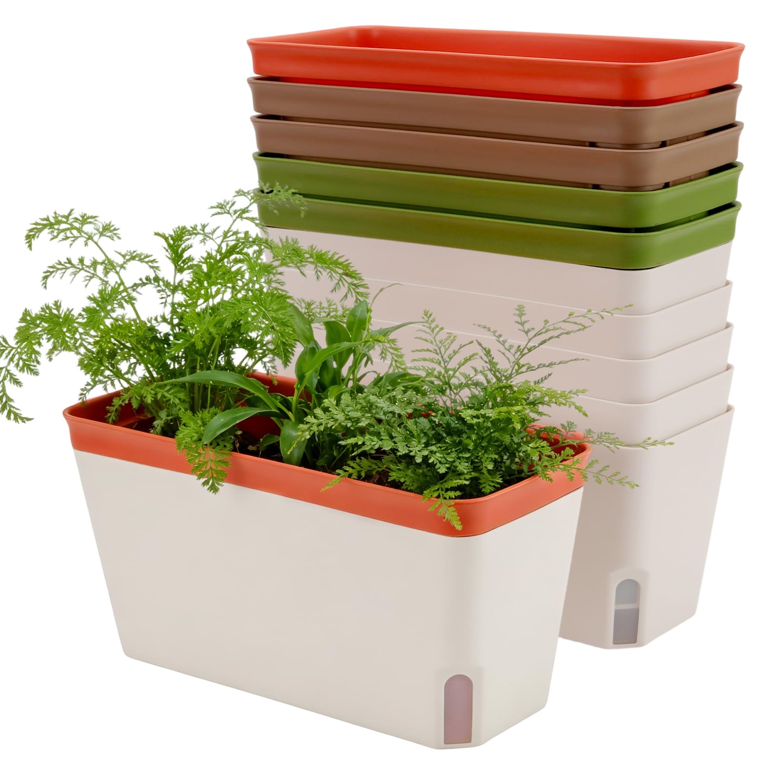TAICHEUT 6PCS Self Watering Plant Pots Indoor, 27 x 14.4 x 12CM Rectangle Plastic Windowsill Planters with Visual Water Level Drainage Holes for Outdoor, Garden, Balcony, Flowers, Succulents