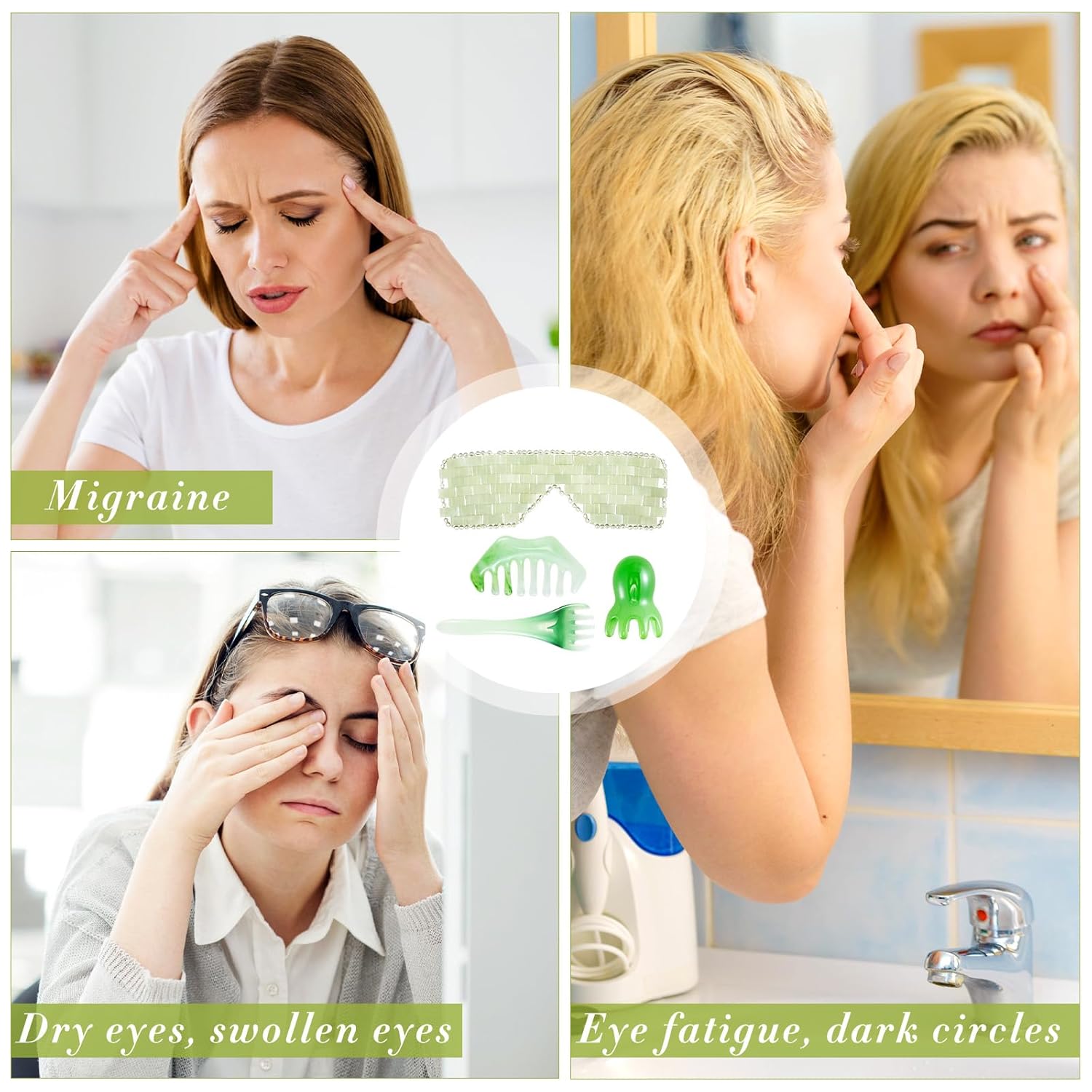 Hercicy 4 Pcs Head Spa Tools Set, Jade Eye Mask, Resin Wide Tooth Scalp Comb, Five Claw Gua Sha, Octopus Head Massager for Puffiness Relief & Stress Reduction, Spa & Home Use, Holiday Gifts