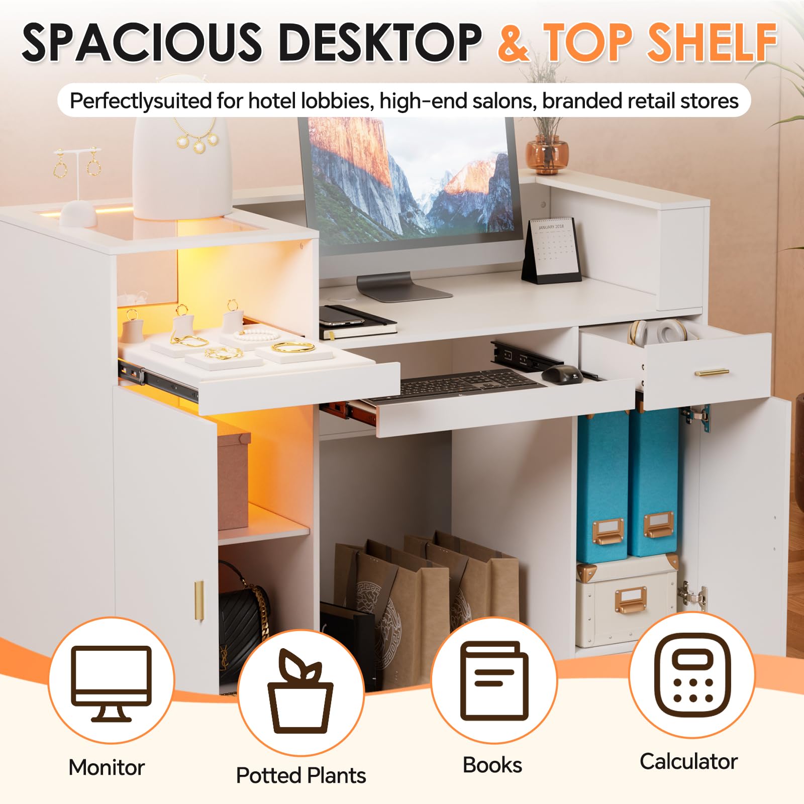 Barra de recepción con LED y estante de cristal, mostrador de venta con cajones con cerradura, mostrador de recepción con bandeja para teclado, mostrador de recepción para oficina, salón, tienda o
