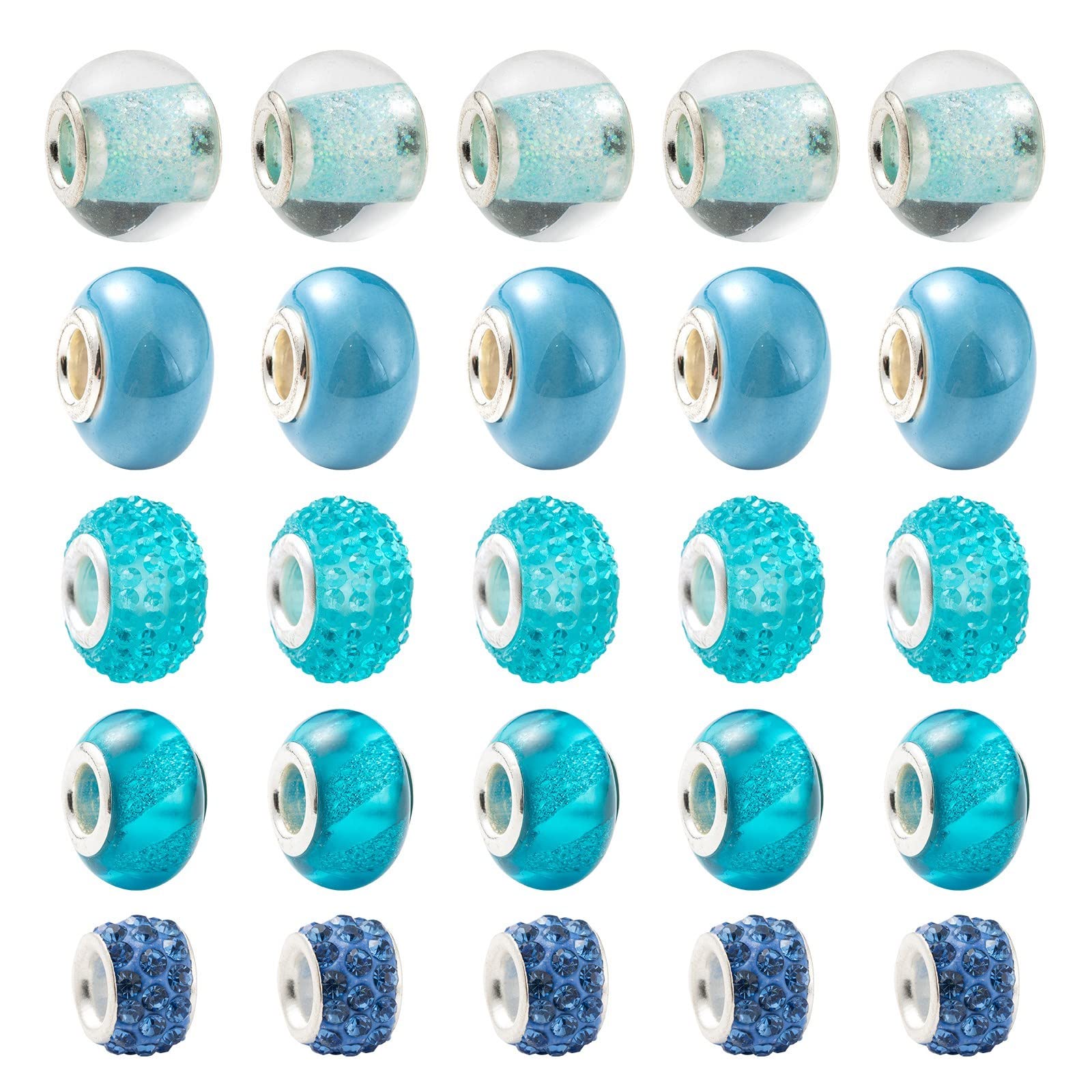 PandaHall 50pcs Large Hole European Beads 5 Styles Blue Rondelle Acrylic & Porcelain & Polymer Clay Rhinestone European Beads Charms with Silver Color Core for Snake Chain Bracelets, Hole: 5mm