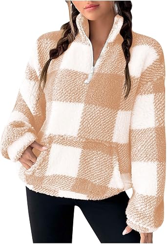 eoeioa Womens Sweatshirt Quarter Zip Sherpa Fleece Pullover Plush Mock Neck Tops Casual Checkered Sweaters with Pockets
