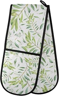 susiyo Double Oven Mitts Green Watercolor Olive Branch Heat Resistant Oven Glove Extra Long Potholder for Kitchen Cooking Baking BBQ Microwave Handling Hots and Pans, 35x7 Inch