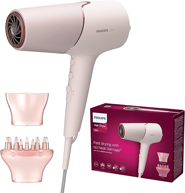 Philips Suszarka do włosów z serii 5000 z technologią ThermoShield, 3 ustawieniami temperatury i 2 ustawieniami prędkości, mocą suszenia 2300 W, BHD530/00, Kolor: Perłowy-brzoskwiniowy
