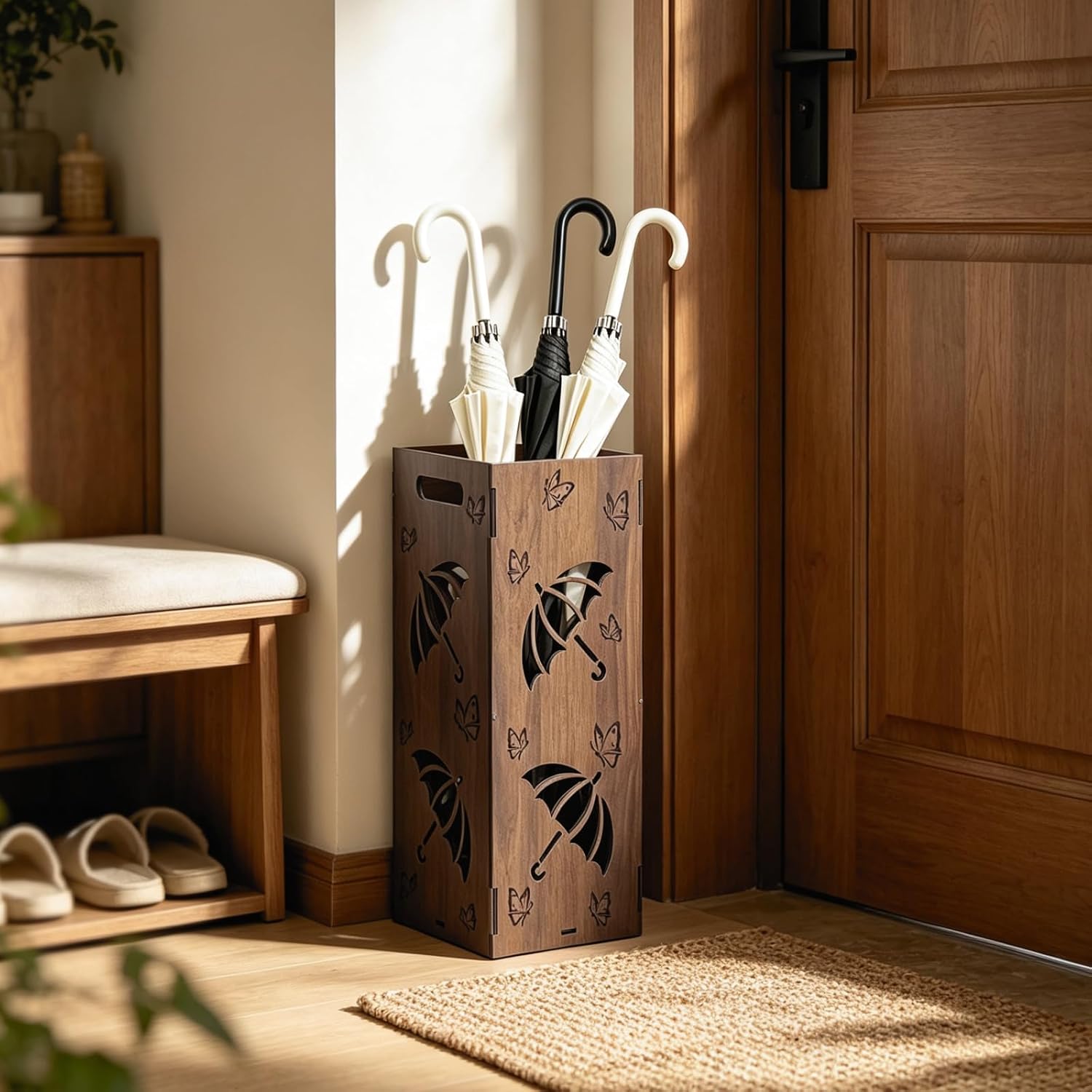 Vintage Umbrella Stand for Entryway, Wood Freestanding Umbrella Holder