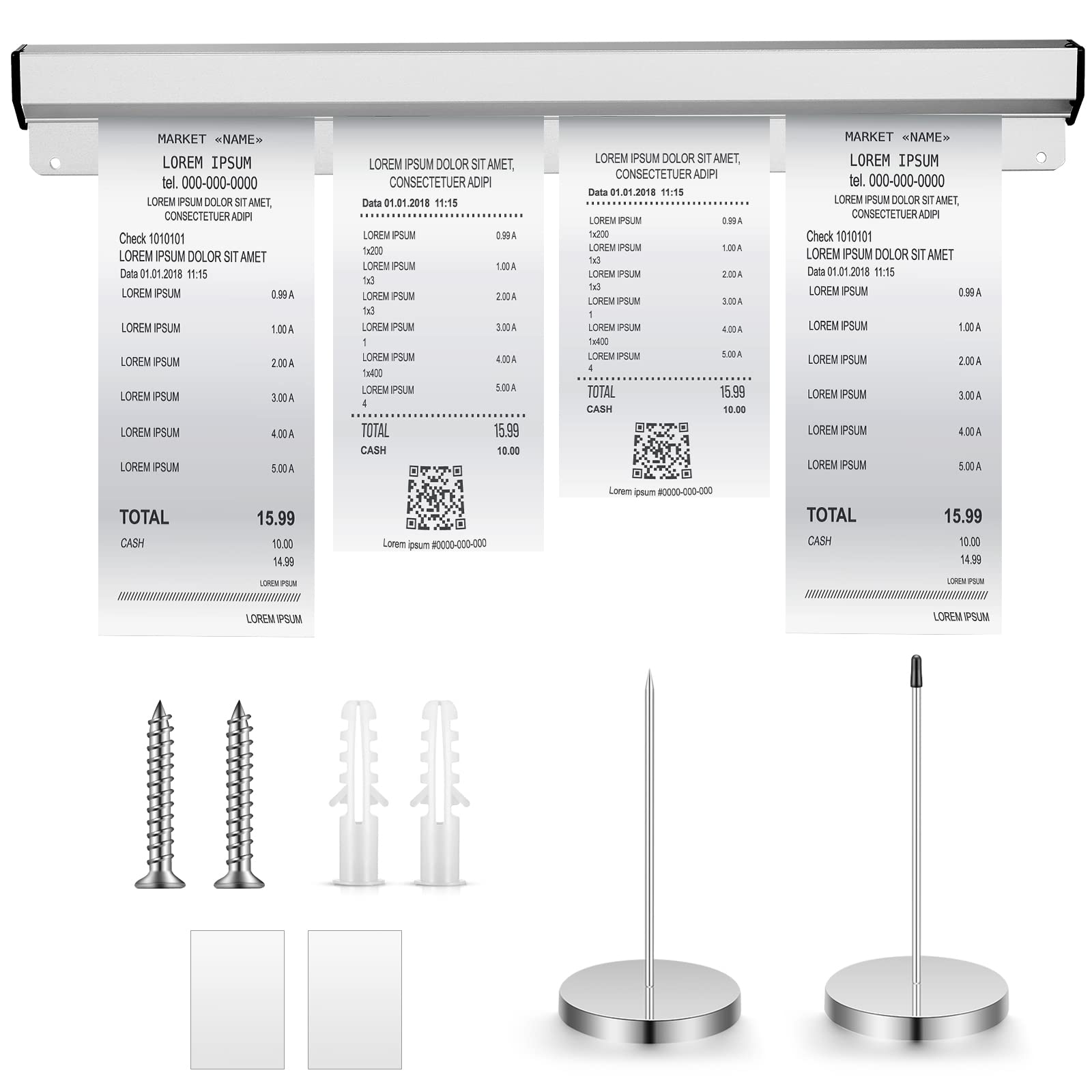 Henoyso 18 Inch Aluminum Slide Check Rack with 2 Pcs Receipt Holder Spike Desk Receipt Storage Restaurant Food Truck Ticket Holder Accessories Silver