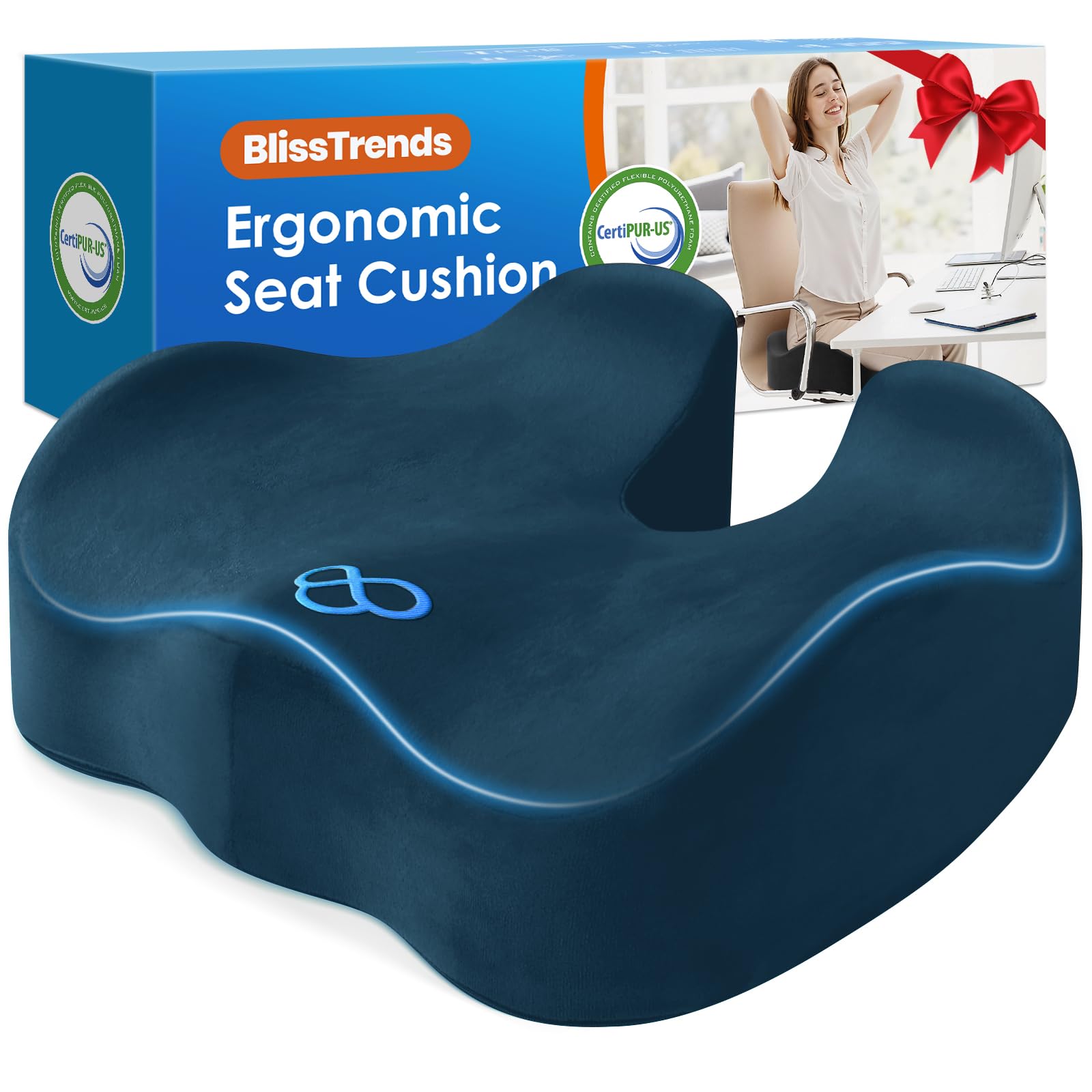 BlissTrends Memory Foam Seat Cushion for Office Chair & Car Seat, Blue | Ergonomic Tailbone & Sciatica Support with Removable Velvet Cover for Pressure Relief and Long Sitting Comfort, 3.3" Thick
