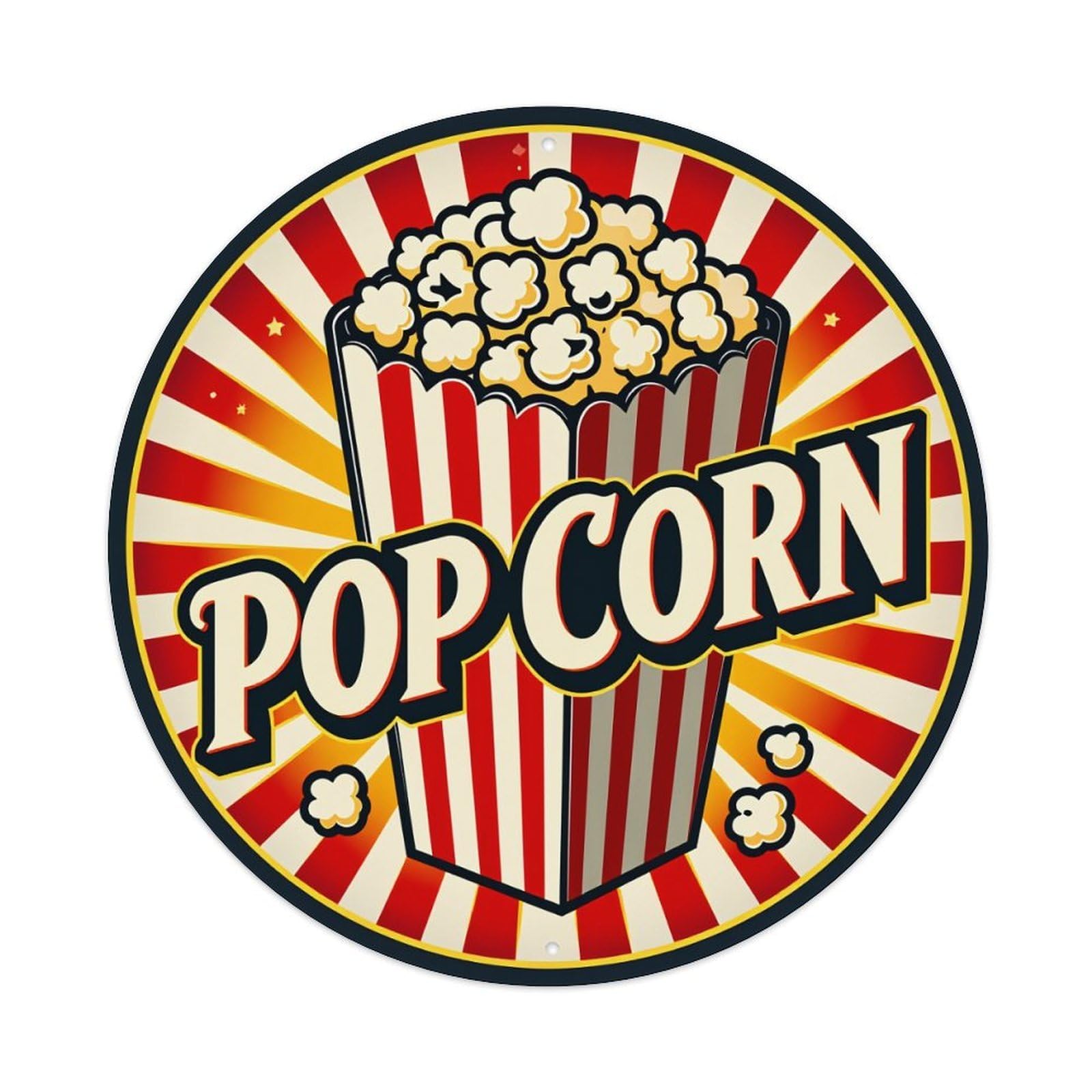 Popcorn Bucket Red White Stripes Stars Sunburst Background Round Vintage Tin Sign,Retro Wall Art,Metal Poster for Home, Bar, Garage, Cafe, Rustic Indoor & Outdoor Decor, 8x8 Inches
