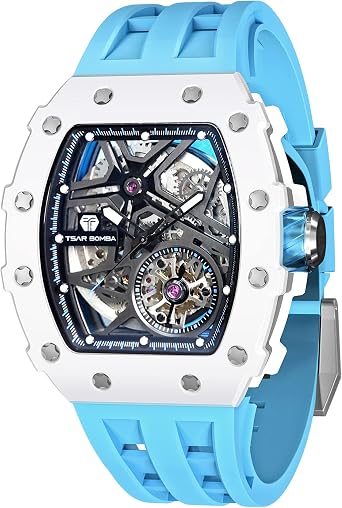 TSAR BOMBA Men's Automatic Watch Mechanical Tonneau Luxury Skeleton Watches for Men 50M Waterproof Analogue Work Mens Wrist Watch Unique Cool Design Square Silver Big Face Wristwatch Silicone Strap