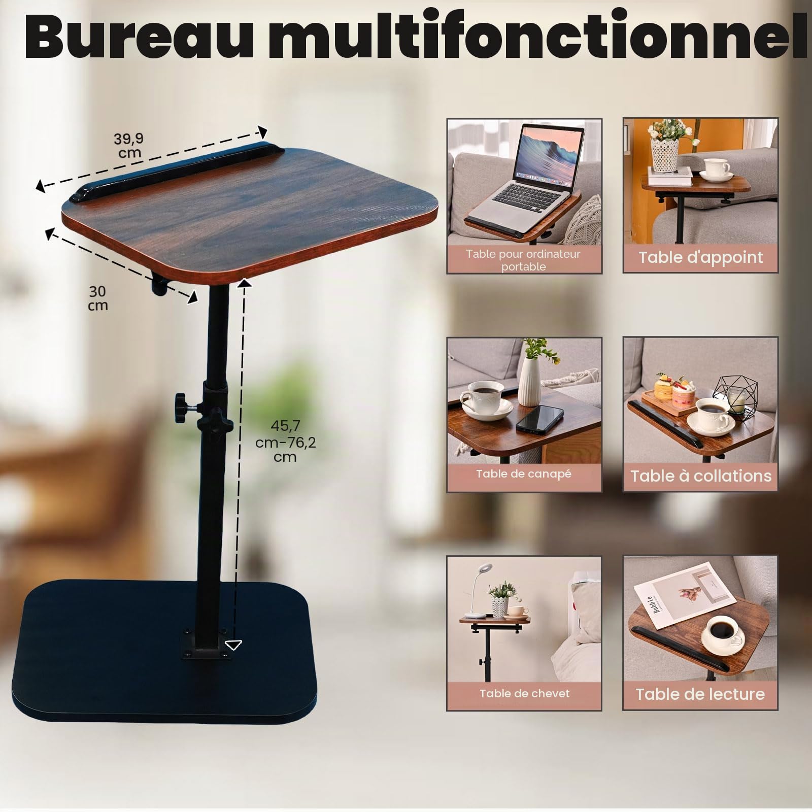 Table d'appoint en C réglable en Hauteur pour canapé,avec Fente pour téléphone et Tablette,lit, Coin Lecture, Table d'appoint en Forme de C pour canapé, Plateau TV Rotatif à 360 ° (Walnut)