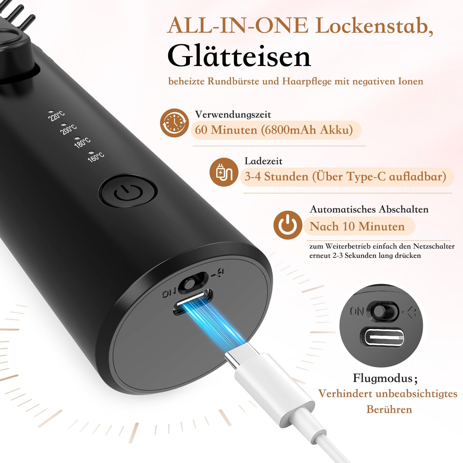 Kabellose Lockenstabbürste, Tragbare Reise Lockenstab, 6800 mAh USB-aufladbare Mini Lockenbürste Stylingbürsten mit Negativen Ionen, 4 Stufig Regelbare Temperatur 160-220℃(Schwarz)