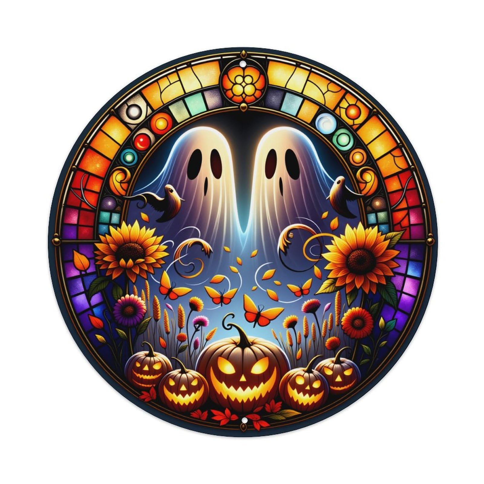 Ghostly Figures Sunflowers Pumpkins Butterflies Stained Glass Round Tin Sign Vintage Metal Poster Retro Bar, Home, Man Cave, Kitchen, Laundry Room Wall Art Decor Gift 8x8Inch