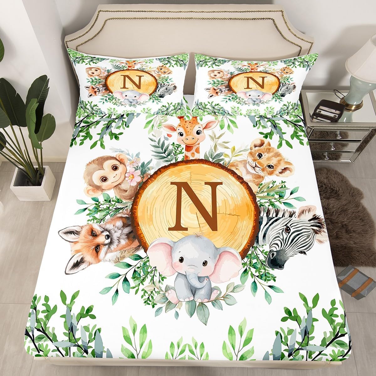 Feelyou Safari Animal Fitted Sheet Full Size Woodland Jungle Animals Bed Sheets Set 16" Deep Pocket Soft Tigers Deer Elephants Foxes Print Bedding with 2 Pillowcases Personalized Initial N Room Decor