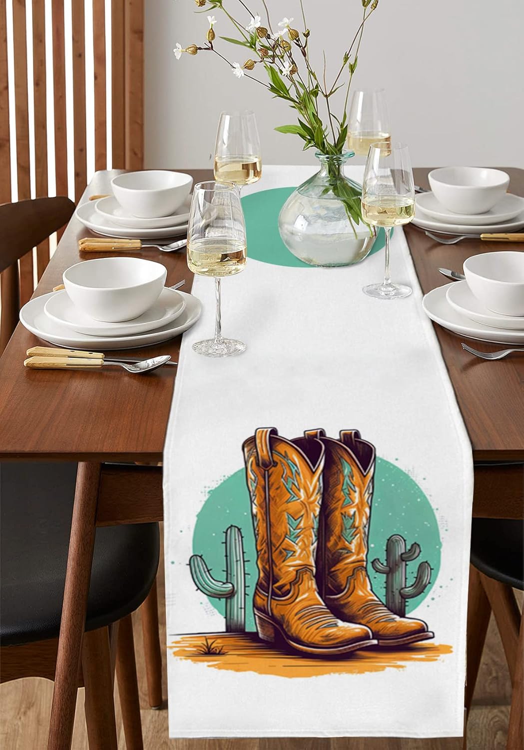 Dining Table Runner Dresser Scarves, Vintage Brown Cowboy Shoes with Cactus Table Runners 108 inches Long,Non-Slip Washable Coffee Table Runners for Wedding Holiday Party Table Decoration