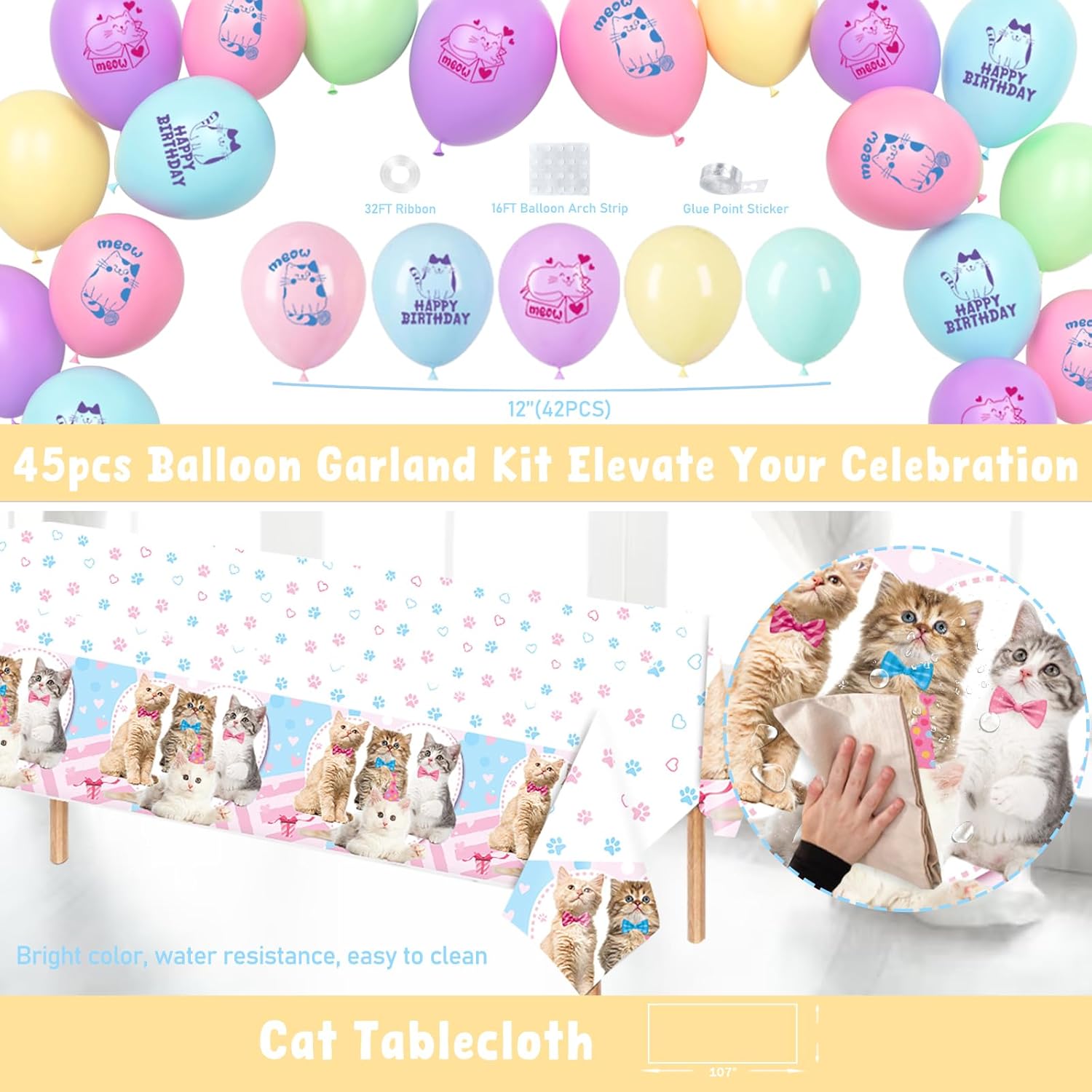 Cat Birthday Party Supplies Serves 24 Guests, 150 PCs Kitten Birthday Party Decorations, Cat Themed Birthday Party Supplies with Balloon Banner Tablecloth Cake Toppers Tableware Plates Napkins
