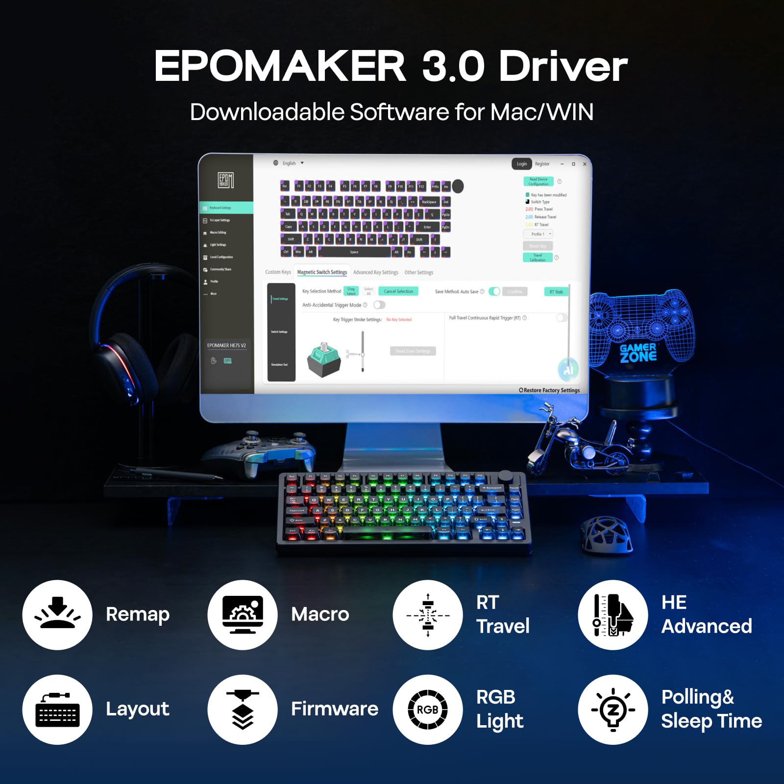 EPOMAKER HE75 V2 Teclado Gaming de Efecto Hall, Sondeo de 8K & 0,1ms, 8000mAh, 2.4GHz/BT, Teclas Intercambiables, Perilla, Activación Ajustable de 0,005mm, Disparo Rápido, Cremoso y Thocky (Negro)