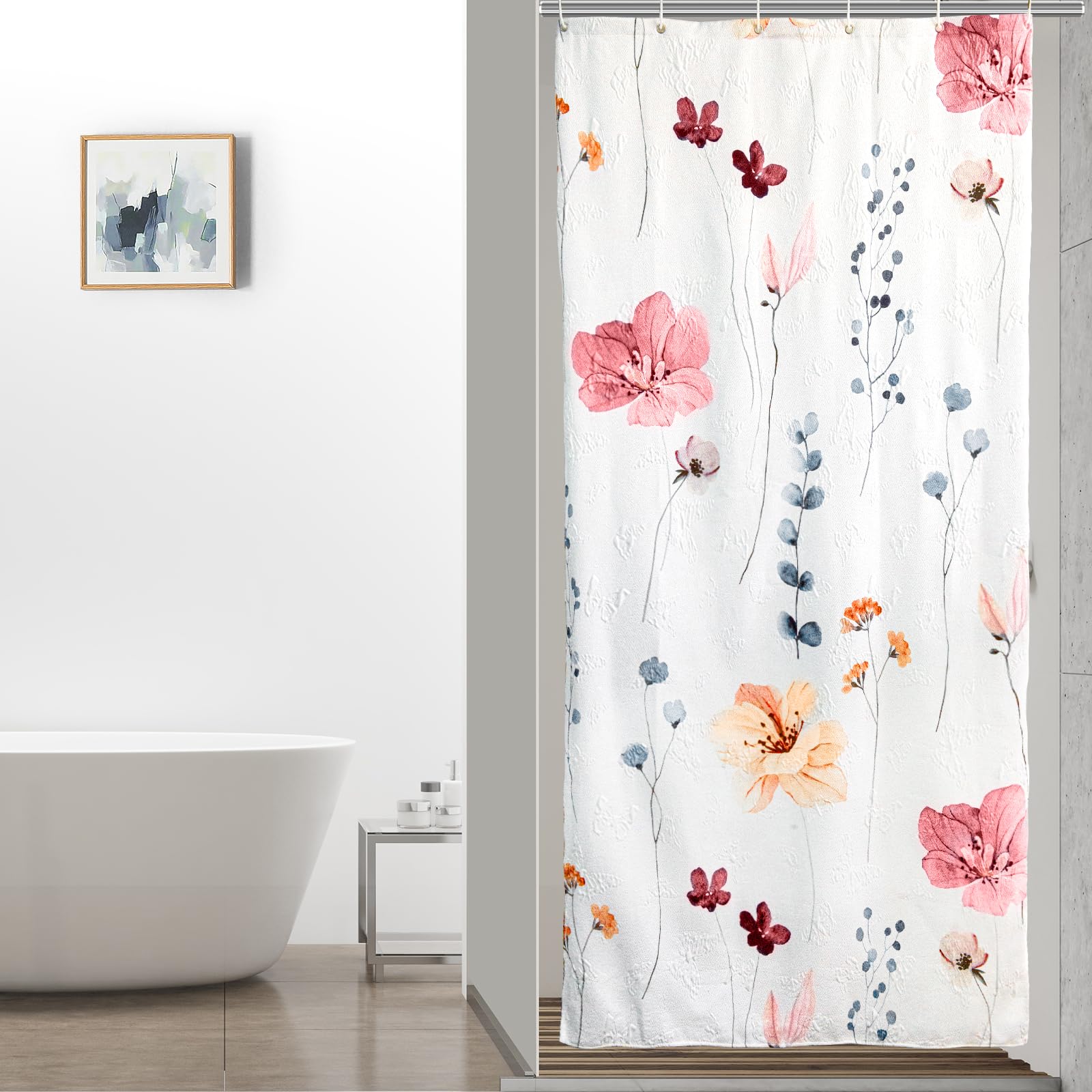 QiyI Small Stall Shower Curtain 36 x 72, Narrow Half Watercolor Floral Bath Curtain, 3D Embossed Peach Pink Flower Cloth Bathroom Curtain, Waterproof Fabric White Shower Curtain Set with Hooks