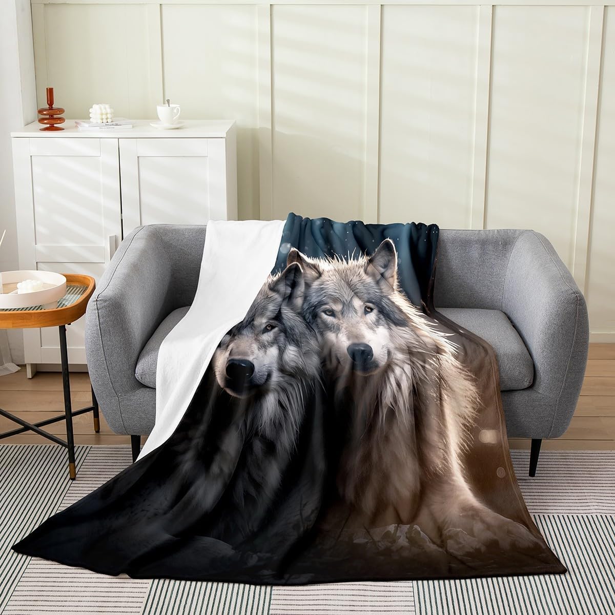 Erosebridal Wolf Queen 90x90 Blanket, Wolf Hair Throw Blanket, Wolf Fierce Animal Theme Fleece Blanket, Wolf Silhouette Sunshine Printed Fuzzy Blanket, Silver Black