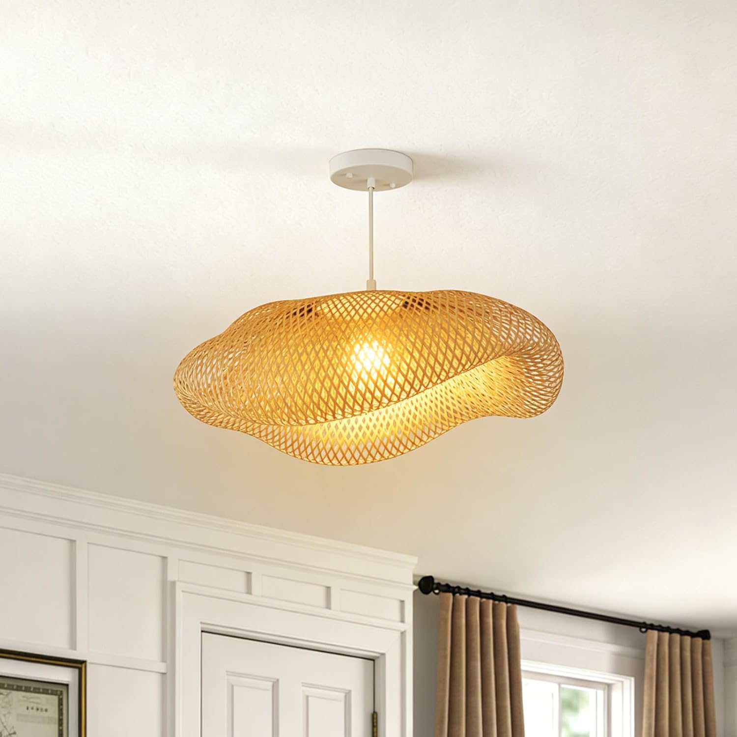 20in Bamboo Chandelier Boho Rattan Pendant Lighting Large Wicker Light Fixtures Bohemian Hand-Woven Hanging Ceiling Lights for Kitchen Island Dining Living Room Restaurants Bedroom Cafe