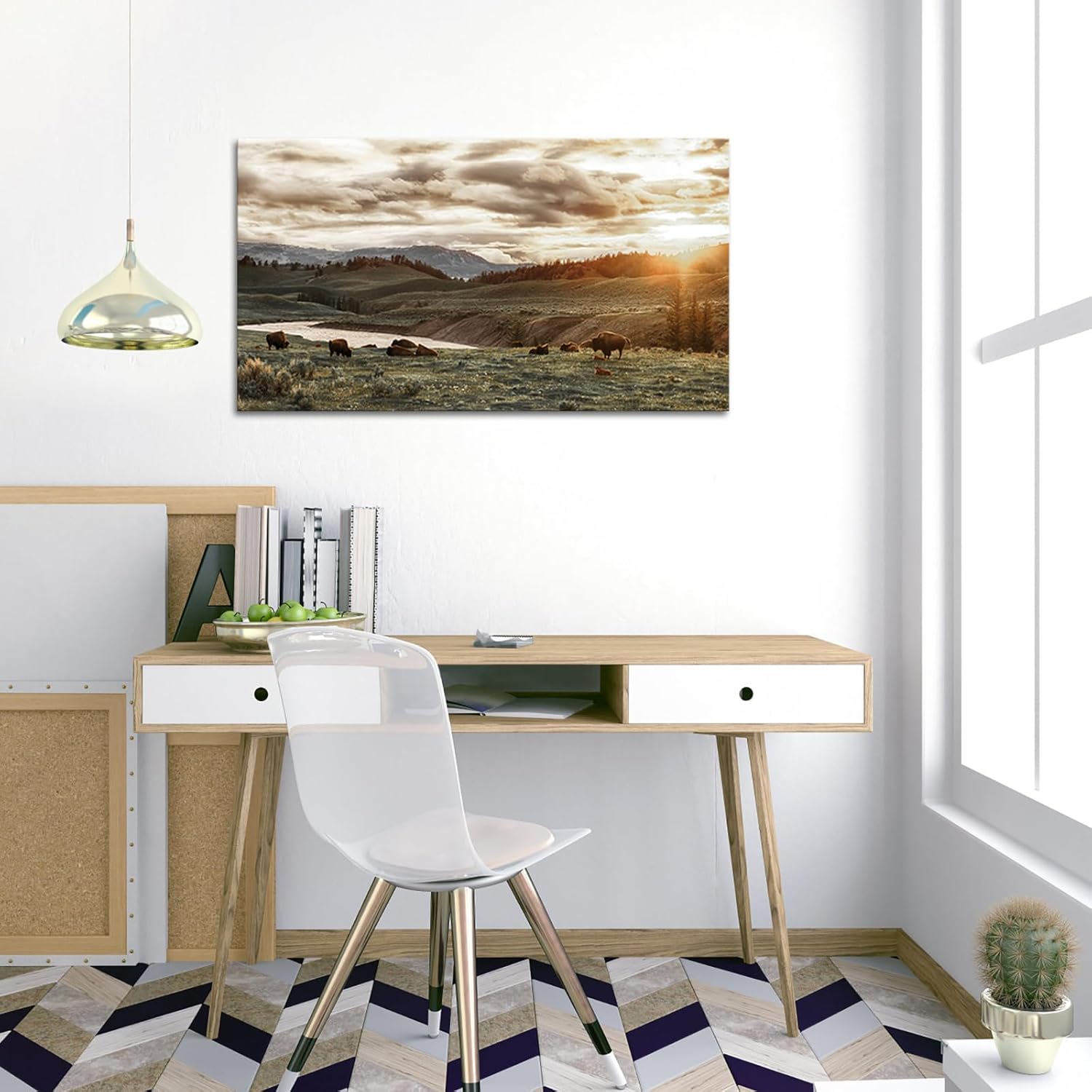 RnnJoile Buffalo Canvas Wall Art Large Herd of Bison Picture Painting Yellowstone National Park Sunset Artworks for Wall Decor 20"x36"