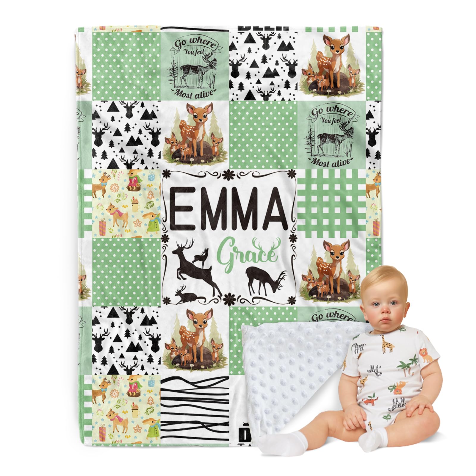 ZOTIMEF Personalized Baby Blanket - Custom Name with Animals Plaid Design - Patchwork Soft Plush Throw Blanket with Double Layer Dotted Backing for