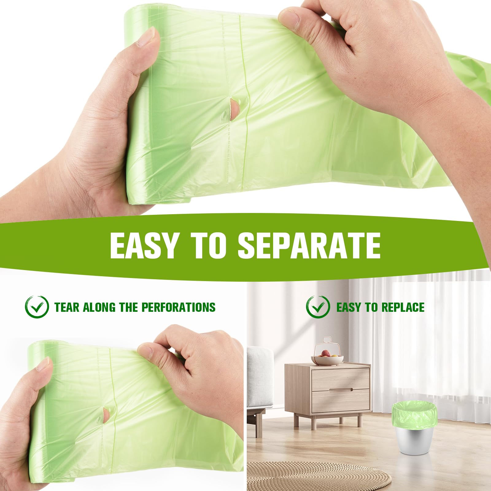 Rishipahu - Bolsas de basura pequeñas de 4 galones, 200 unidades, biodegradables, color verde, bolsas de basura para baño, oficina, dormitorio, bolsas de basura, sin perfume, 15 litros