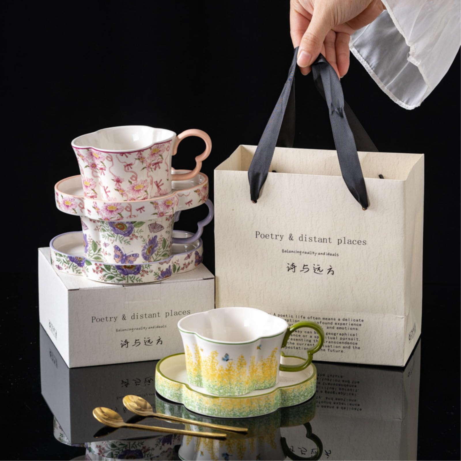Ceramiczny zestaw filiżanek do kawy i spodków, 255 ml, pusta orchidea, kwiatowy wzór, 2 filiżanki i 2 spodki