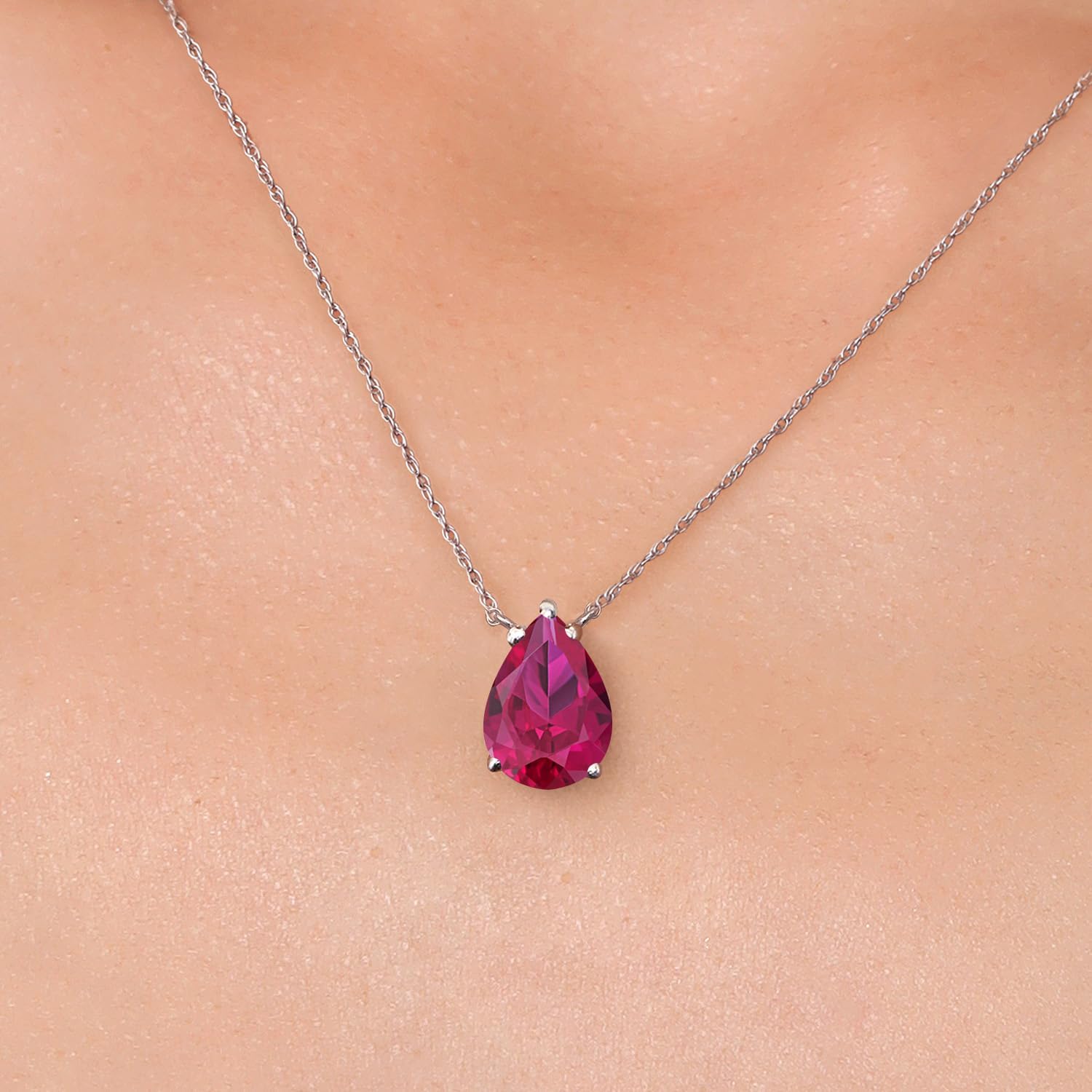 Gem Stone King 14K White Gold Red Created Ruby Pendant Necklace for Women | 3.48 Cttw | Gemstone July Birthstone | Pear Shape 12X8MM | With 18 Inch Chain - Image 3