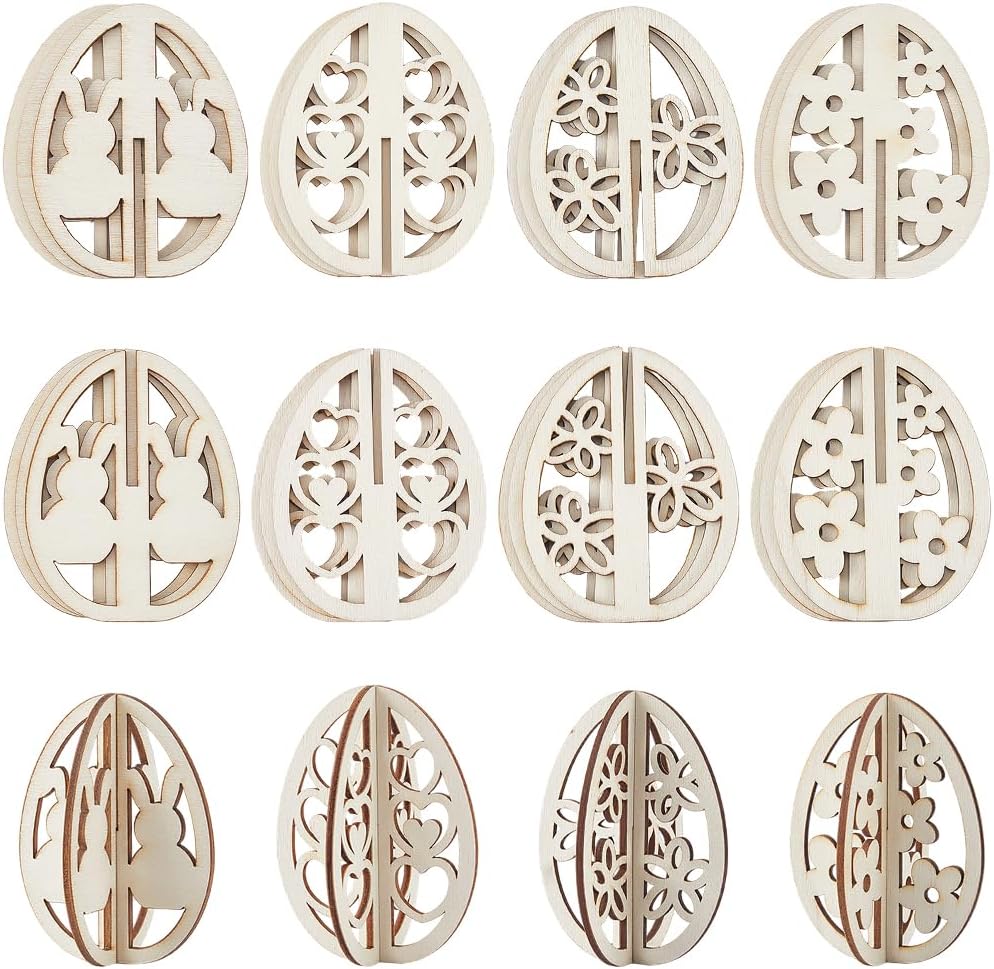 GORGECRAFT 24PCS Wooden 3D Easter Egg Ornaments Unfinished Wood Slices Embellishments Pendants Easter Egg Cutouts Hanging Decorations for DIY Crafts Painting Project Party Favors Decor
