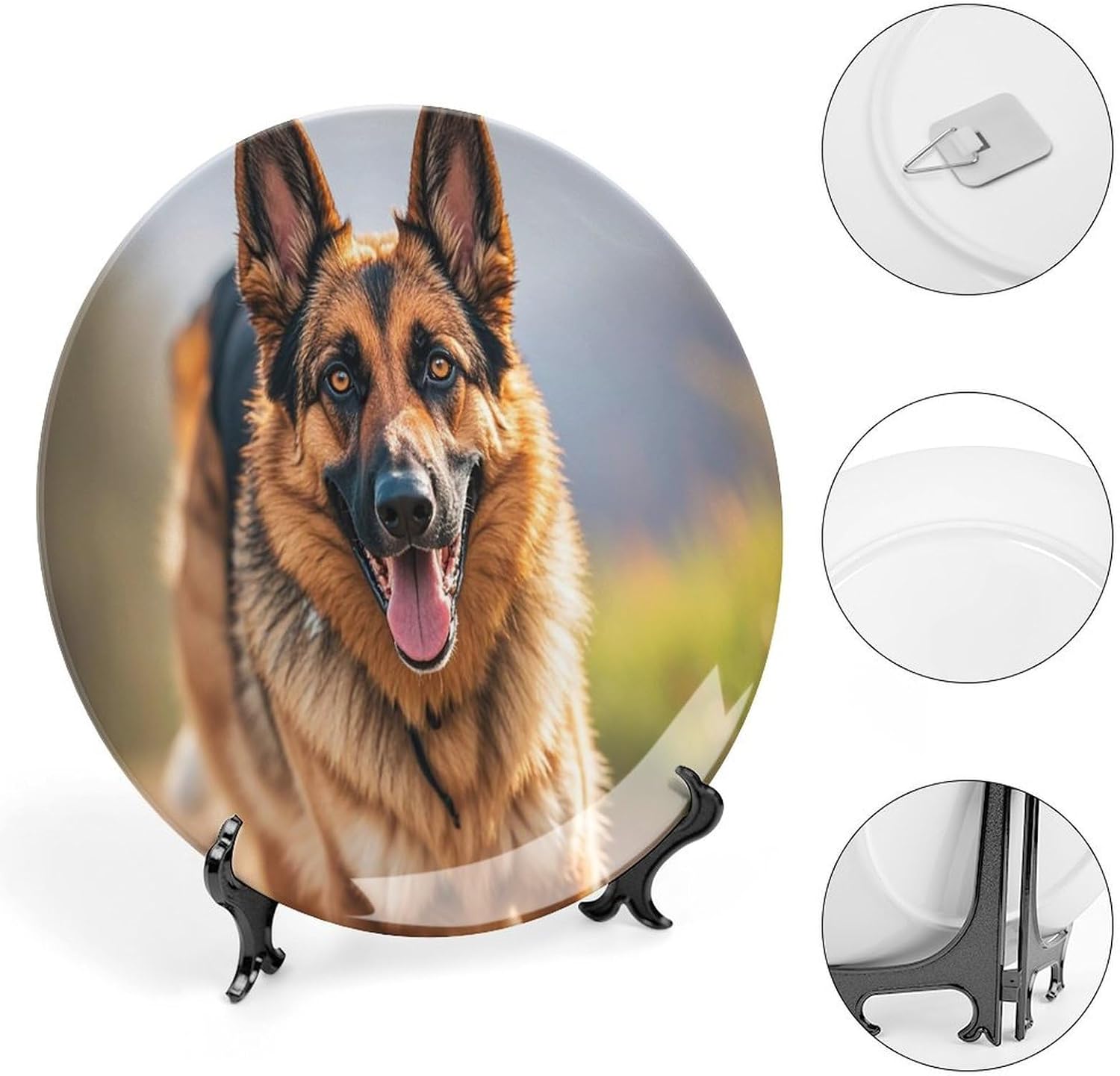 Running German Shepherd Dog Decorative Ceramic Plate Round Porcelain Plate Decor Personalized Bone China Decorative Plates Ceramic Ornaments Dessert Plates with Display Stand 10inch