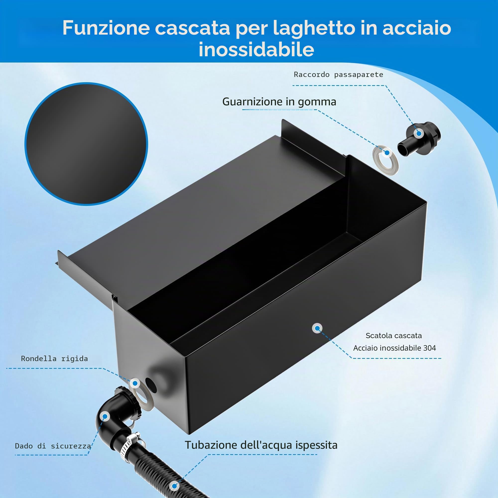 Biling Set completo a cascata solare, 20 cm, in acciaio inox, con pompa da 2100 l/h, cascata di ruscello per giardino, gioco d'acqua, terrazzo