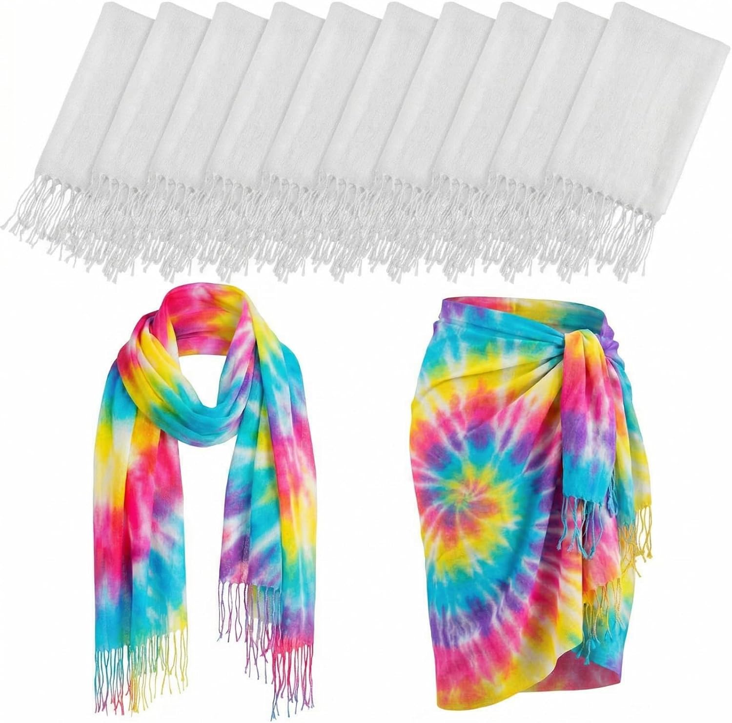 Suhine 6 Pcs Blank White Cotton Scarf to Tie Dye, Full Cotton Scarf Bikini Cover up Wraps Tie Dye Fabric