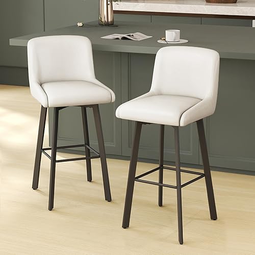 SAECKBERG Swivel Bar Stools, 29''H Upholstered Barstools with Backs, Modern Counter Height Bar Stool Chairs for Kitchen Island, Metal Legs (White- Faux Leather, Set of 2-29" H)
