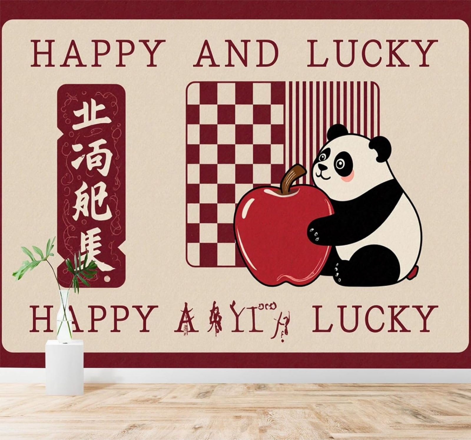 Xlming 250Cm×170Cm(B×H) Cartoon Animals Panda Geometric Red Grid 3D Wallpaper Silky Texture Home Study Office Grey Dining Room Sofa Bedroom Living Room Tv Backdrop-250Cm×170Cm