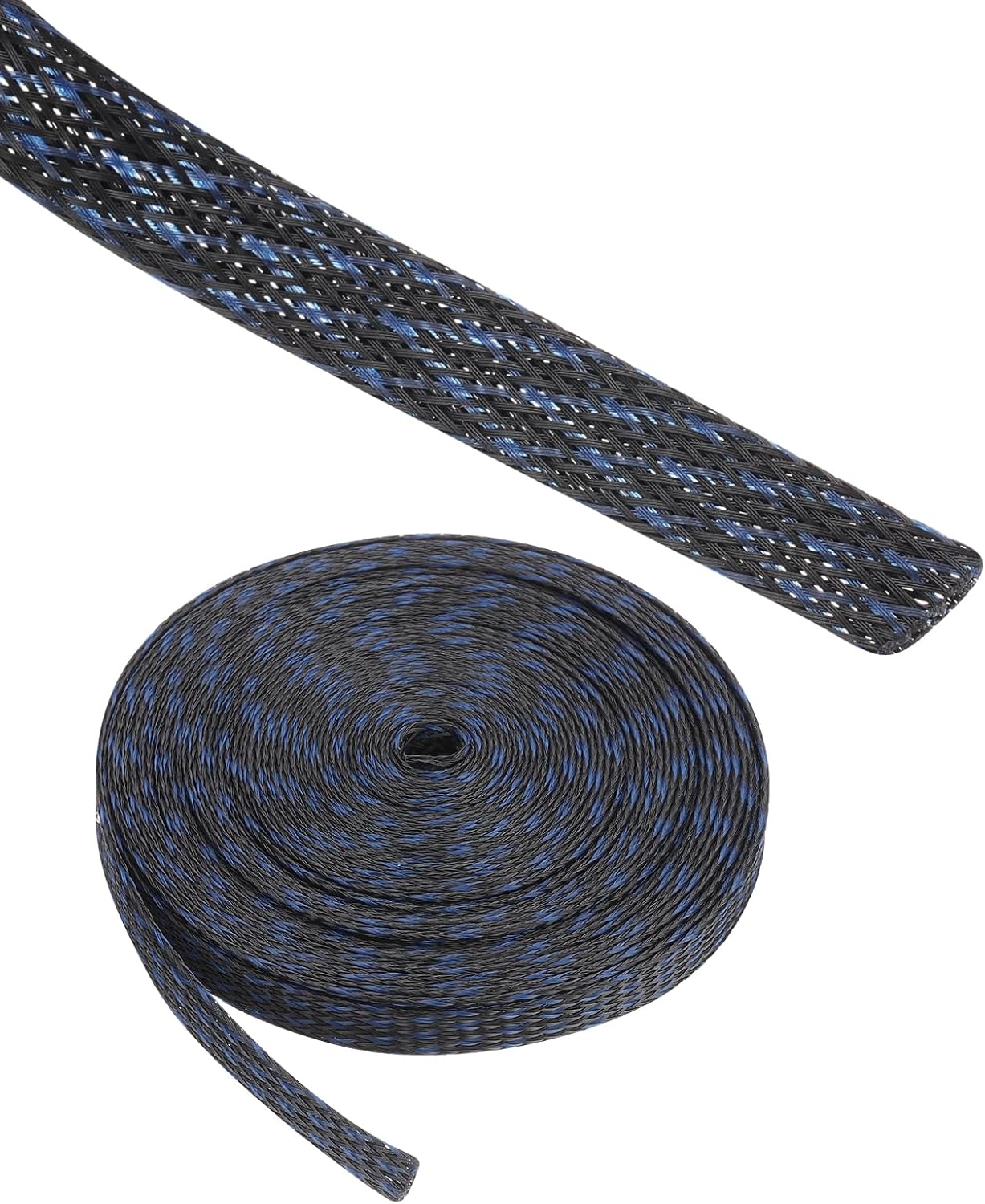 100ft PET Expandable Wire Loom 1 Inch, PET Braided Wire Sleeving Cable Management Sleeve Tubing [for Audio Video Home Office Cord Protector]-Black Blue