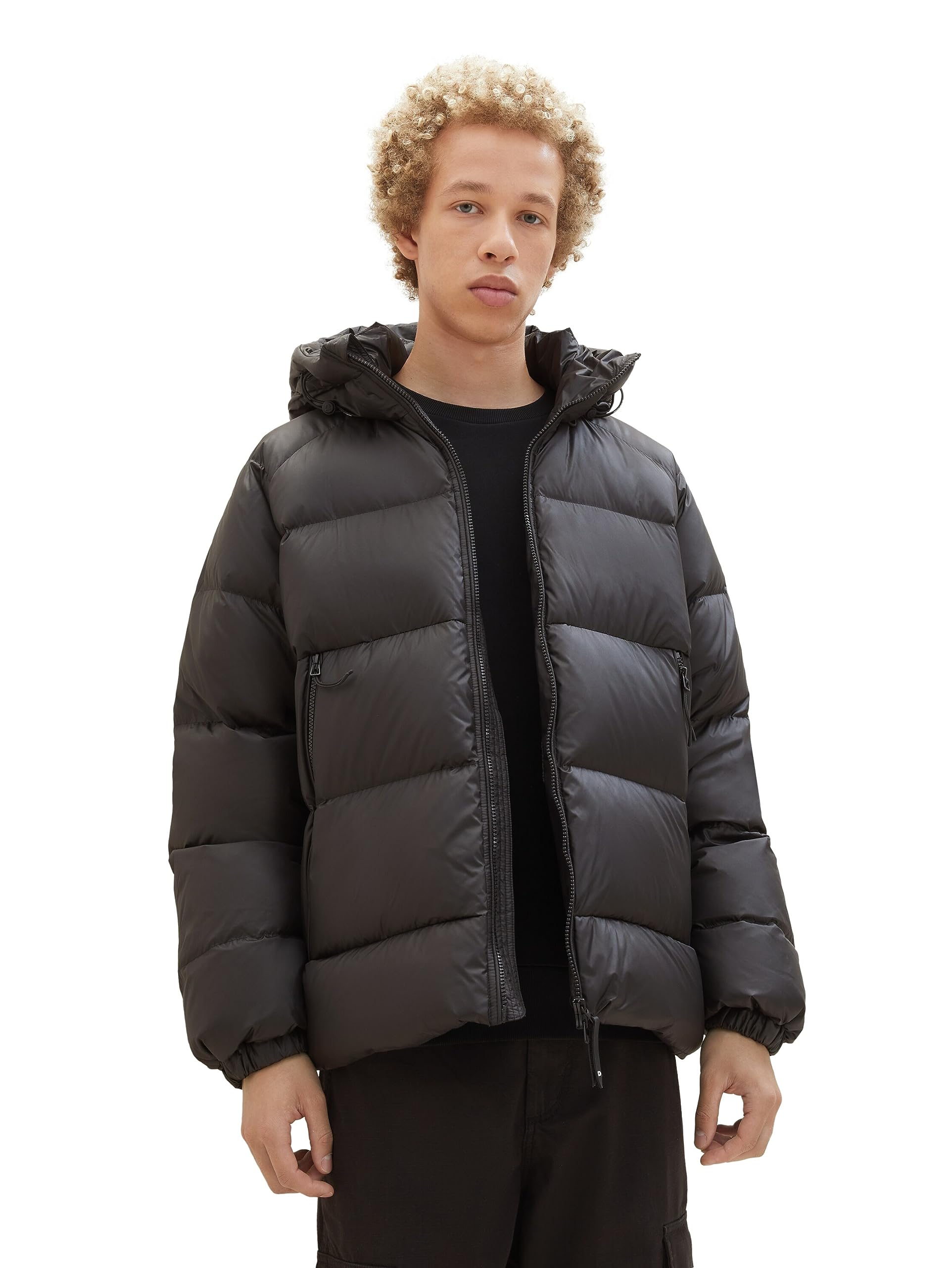 TOM TAILOR Denim Men's Relaxed Fit Recycled Down Puffer Jacket with Hood, 29999 - Black, XL