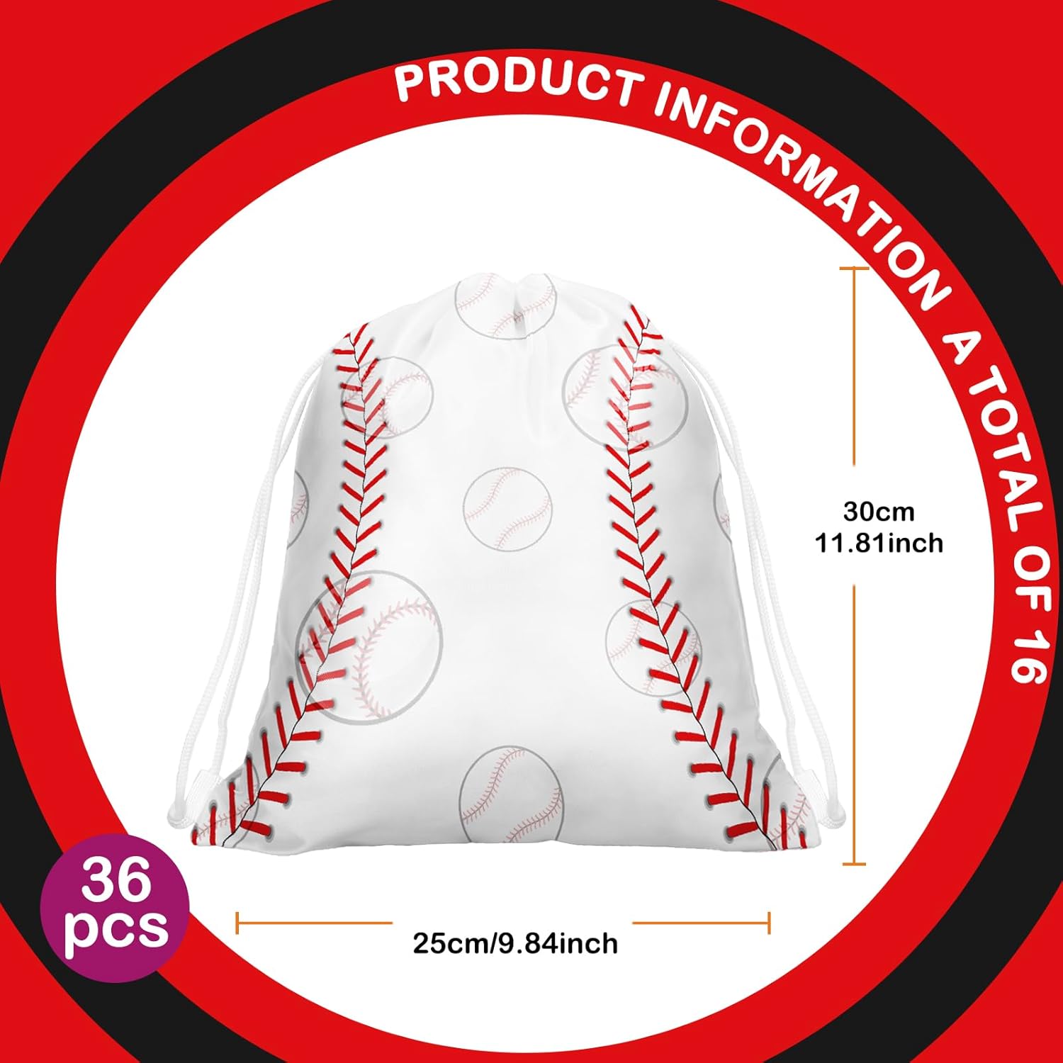 Woanger 36 Pcs Drawstring Softball Baseball Soccer Party Favor Bags 9.8 x 11.8 Inch Goodie Candy Treat Gift Snack Bags for Team Sport Ball Theme Birthday Party Supplies (Simple Baseball) - Image 3