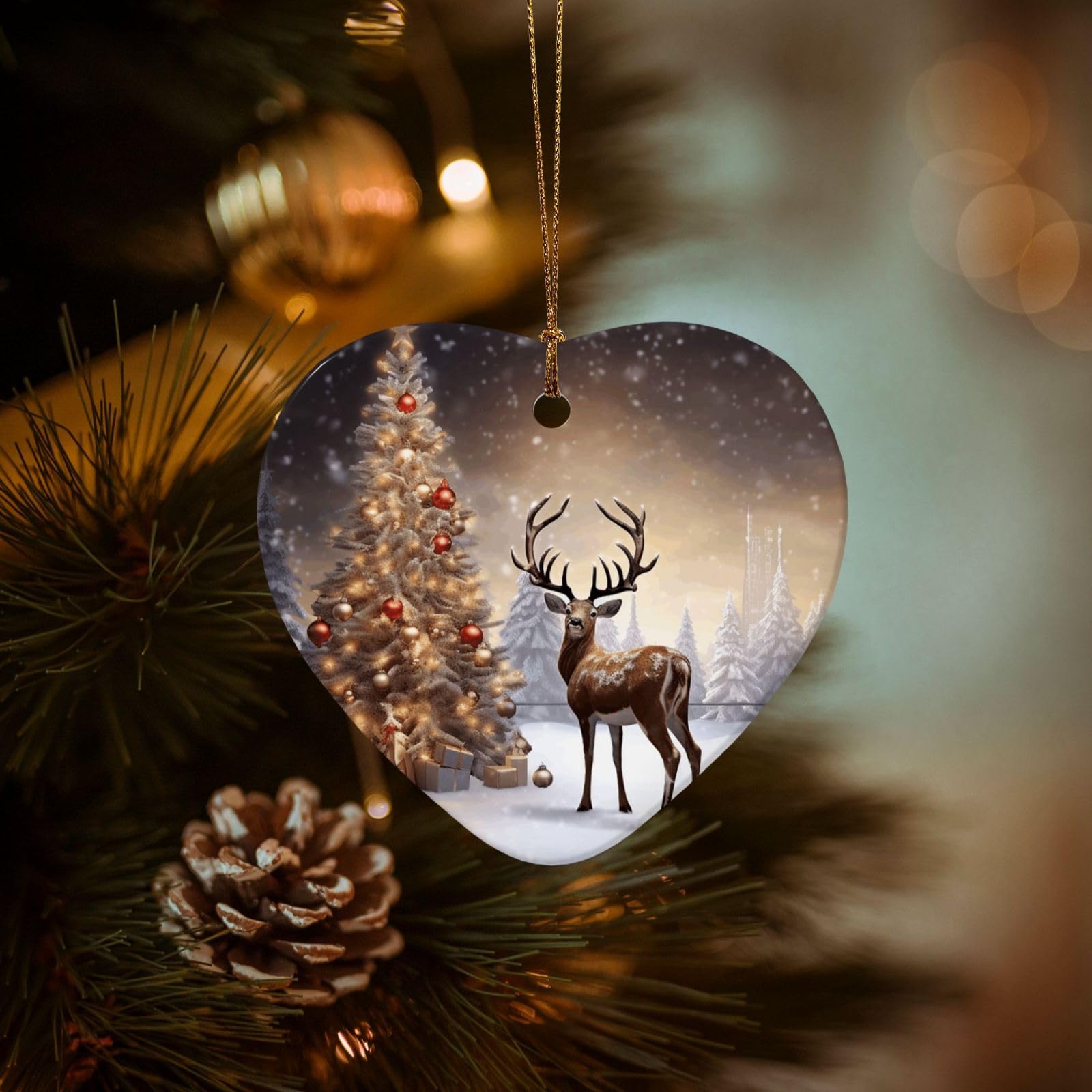 Christmas Ornaments for Christmas Tree Decoration Hanging Christmas Tree and Reindeer Ornament with Gold Ribbon Crafts Heart Shape Ceramic Pendant for Keepsake Gifts Xmas Decor Party Supplies